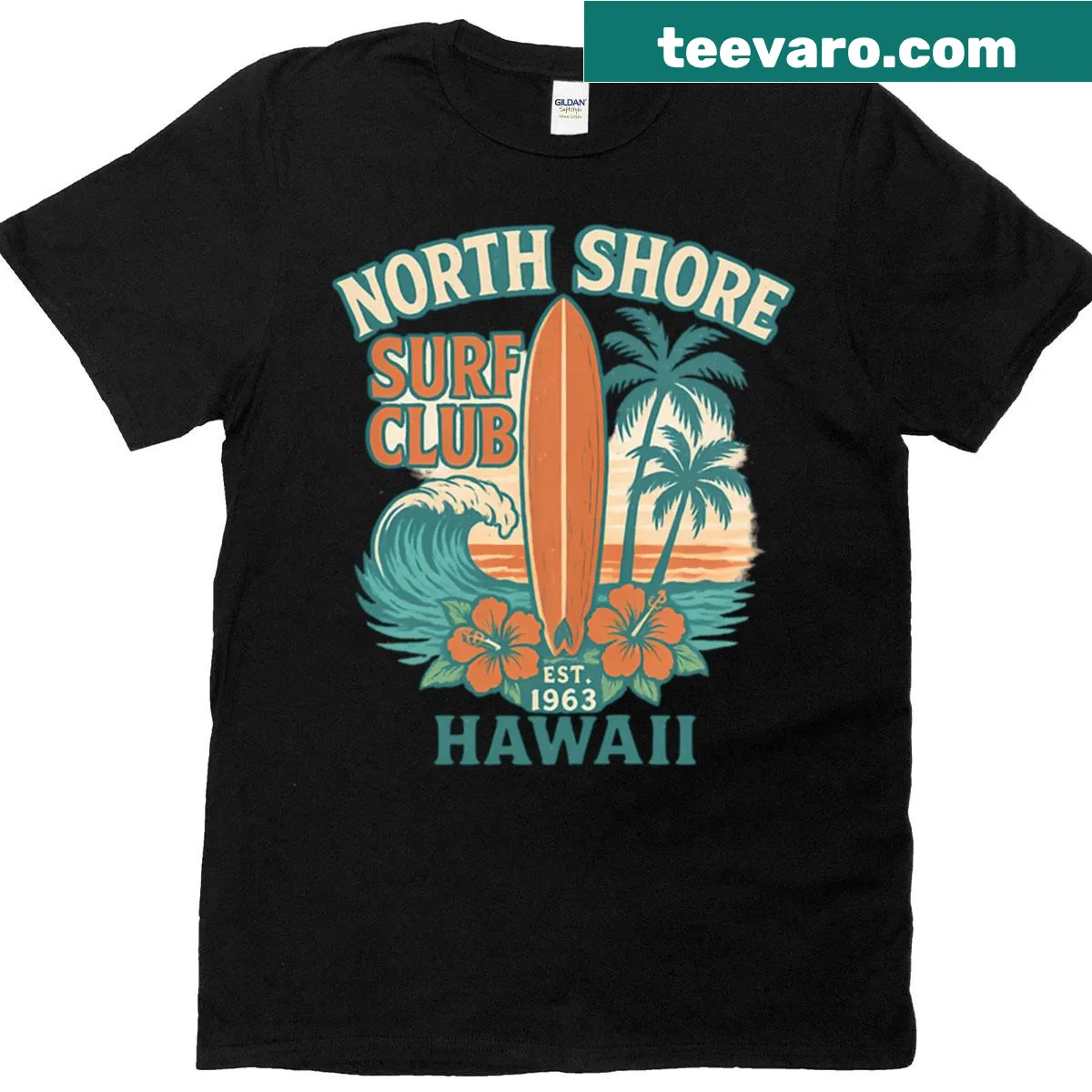 Vintage Hawaiian design T-shirt featuring North Shore Surf Club — on a men's t-shirt