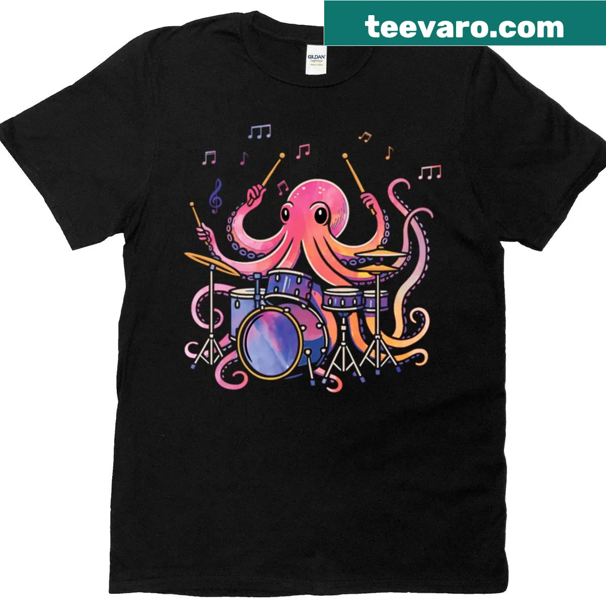 T-shirt with cartoon octopus playing drums — on a men's t-shirt