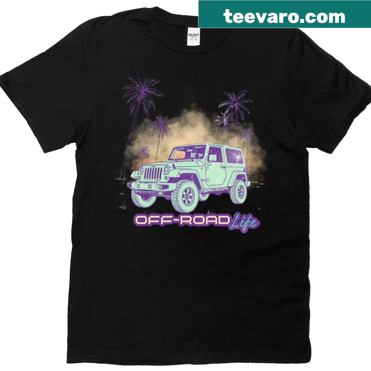 Off-road themed t-shirt with palm trees and 4x4 graphic — on a men's t-shirt