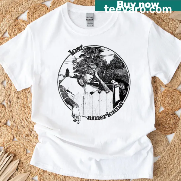 T-shirt featuring MGK's Lost Americana fence photo in realistic print