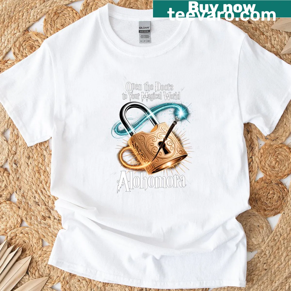 Whimsical fantasy unlock spell graphic on t-shirt — on a men's t-shirt