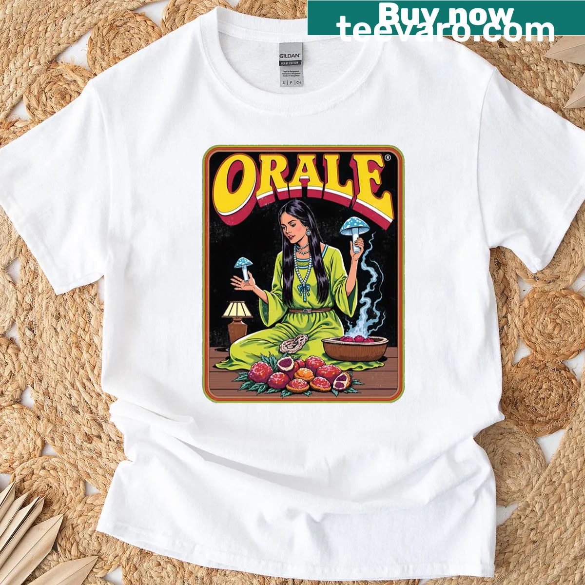 Retro psychedelic T-shirt featuring a mystic woman illustration — on a men's t-shirt