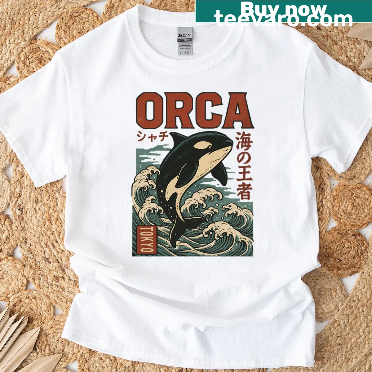Japanese woodblock style T-shirt featuring an orca design. — on a men's t-shirt