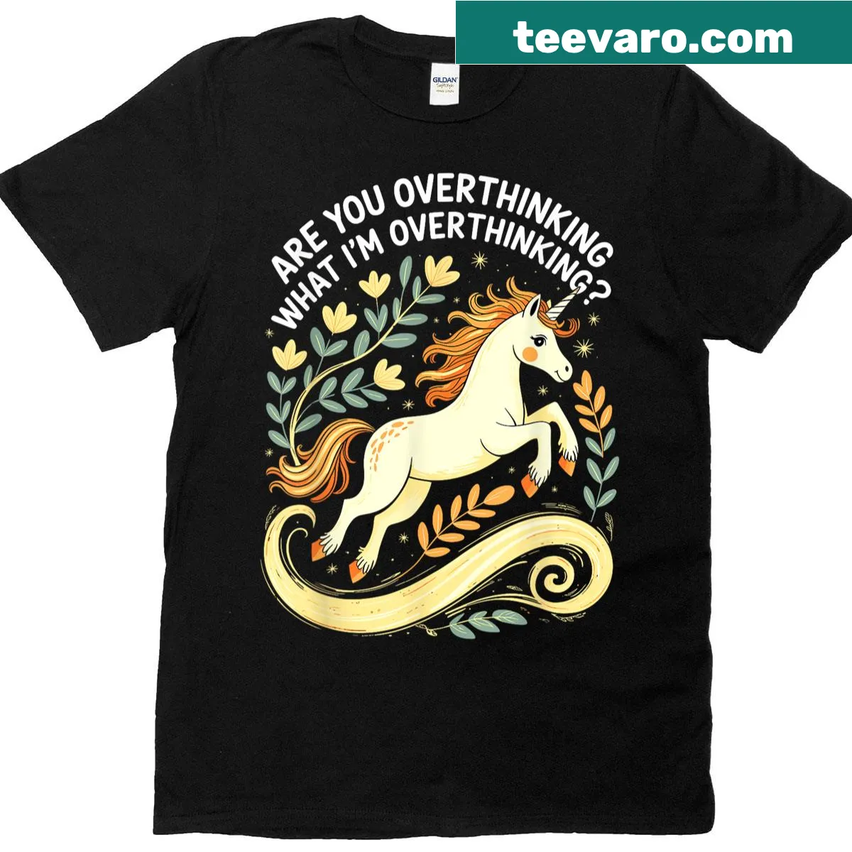 Cartoon unicorn T-shirt with whimsical mental health humor — on a men's t-shirt