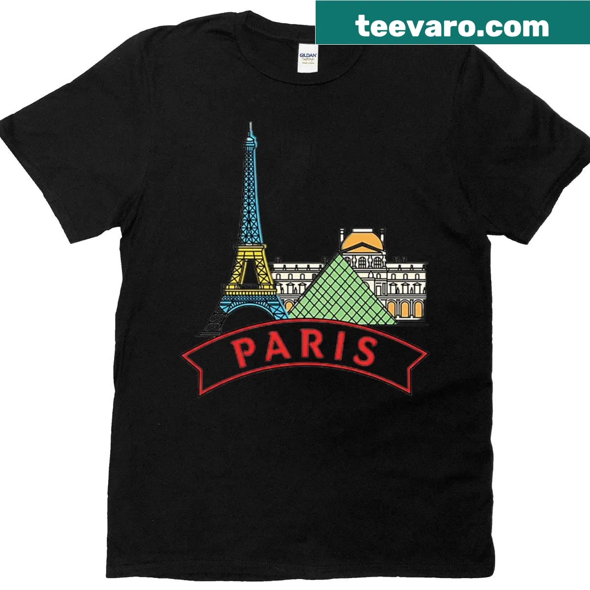 Paris-themed T-shirt featuring iconic landmarks in vintage style — on a men's t-shirt
