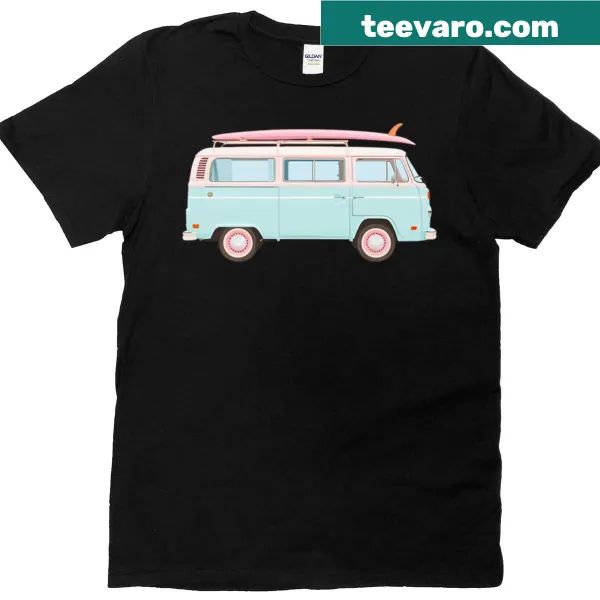 Vintage distressed t-shirt with pastel surf van and surfboard art