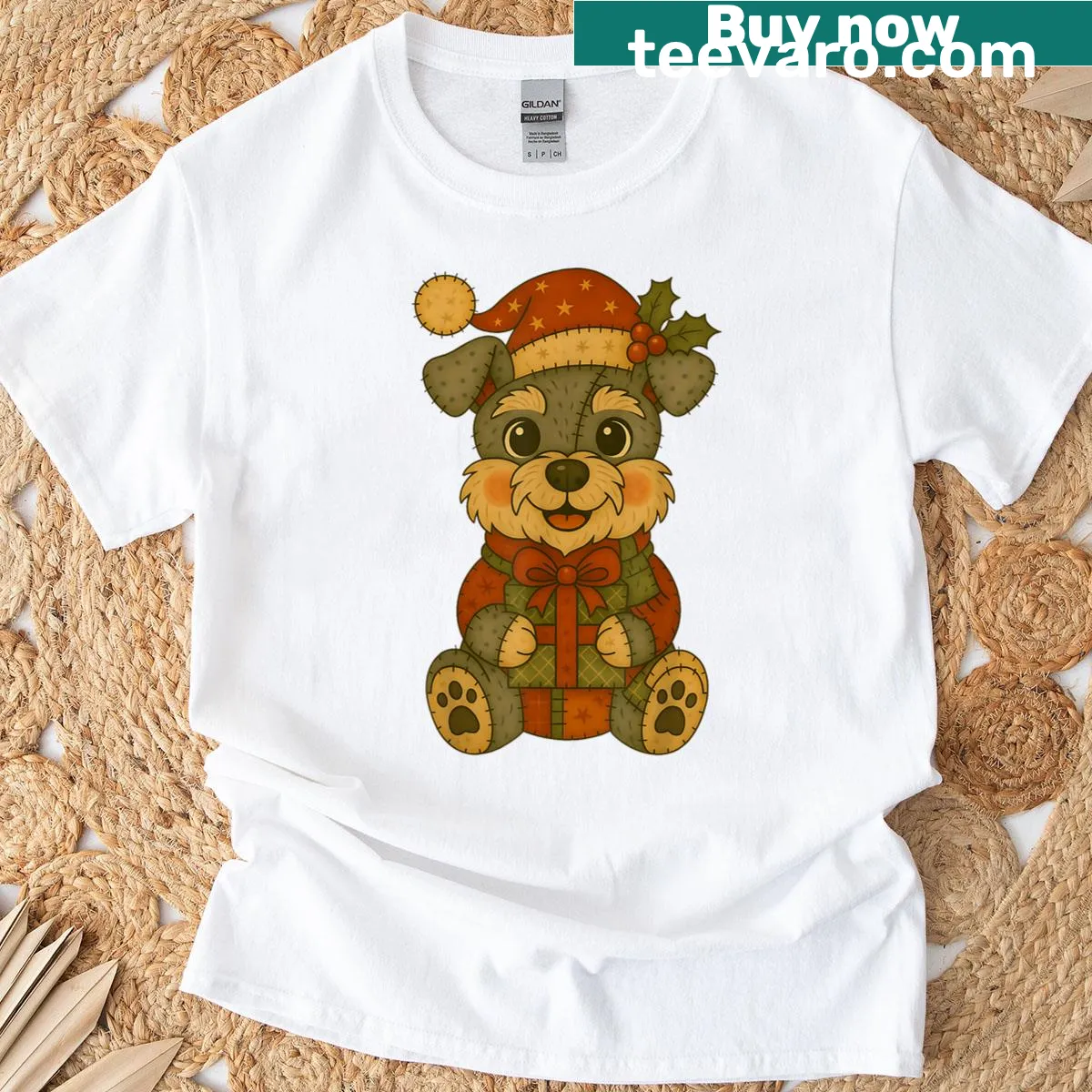 Schnauzer dog in Santa hat on Christmas T-shirt — on a men's t-shirt