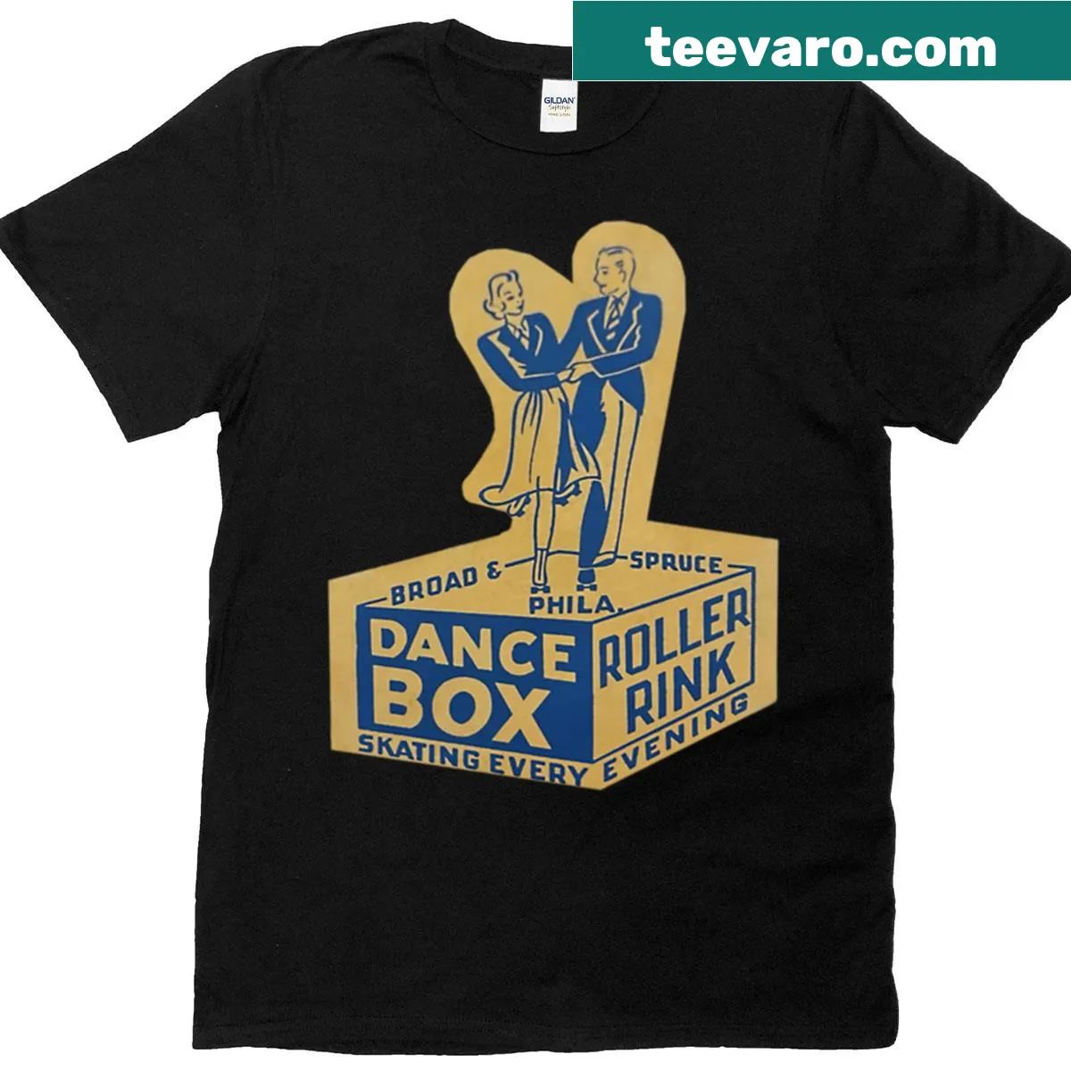 T-shirt with roller rink design and dance box emblem — on a men's t-shirt