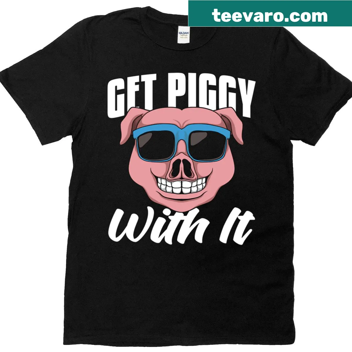 Humorous oversized pig farming t-shirt with playful graphic — on a men's t-shirt