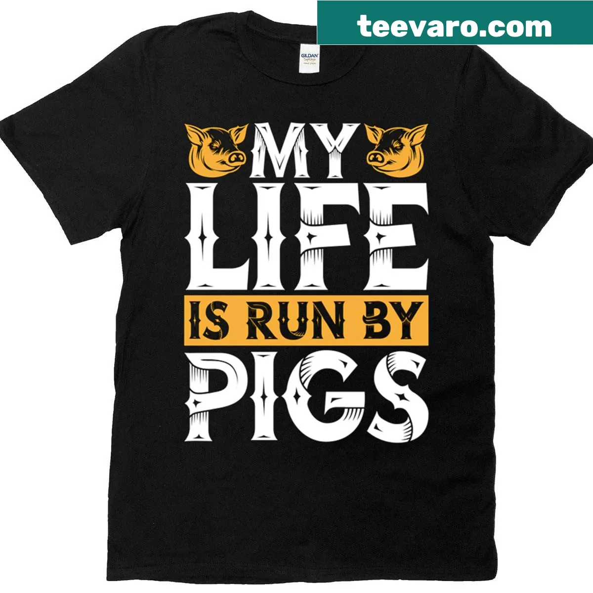 Vintage-style t-shirt with 'My Life Is Run By Pigs' text — on a men's t-shirt