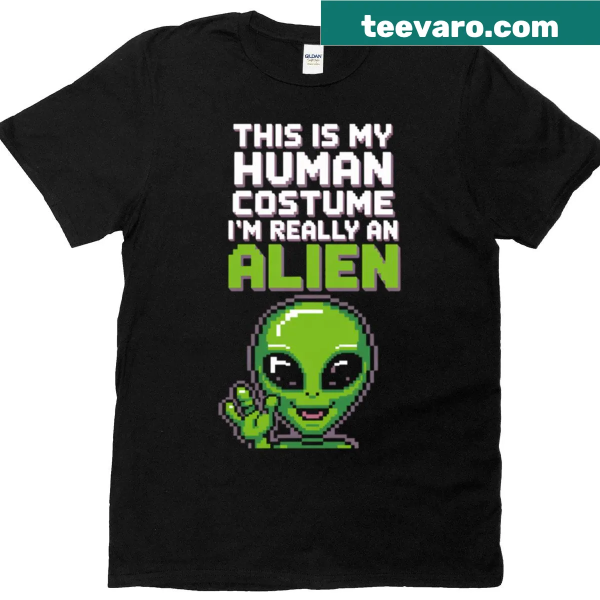 Funny pixel art alien costume T-shirt for Halloween — on a men's t-shirt