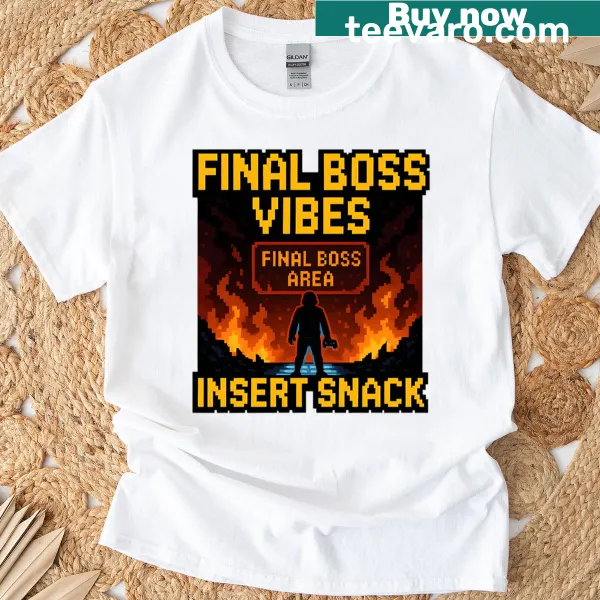 T-shirt with pixel art design celebrating final boss gaming vibes.