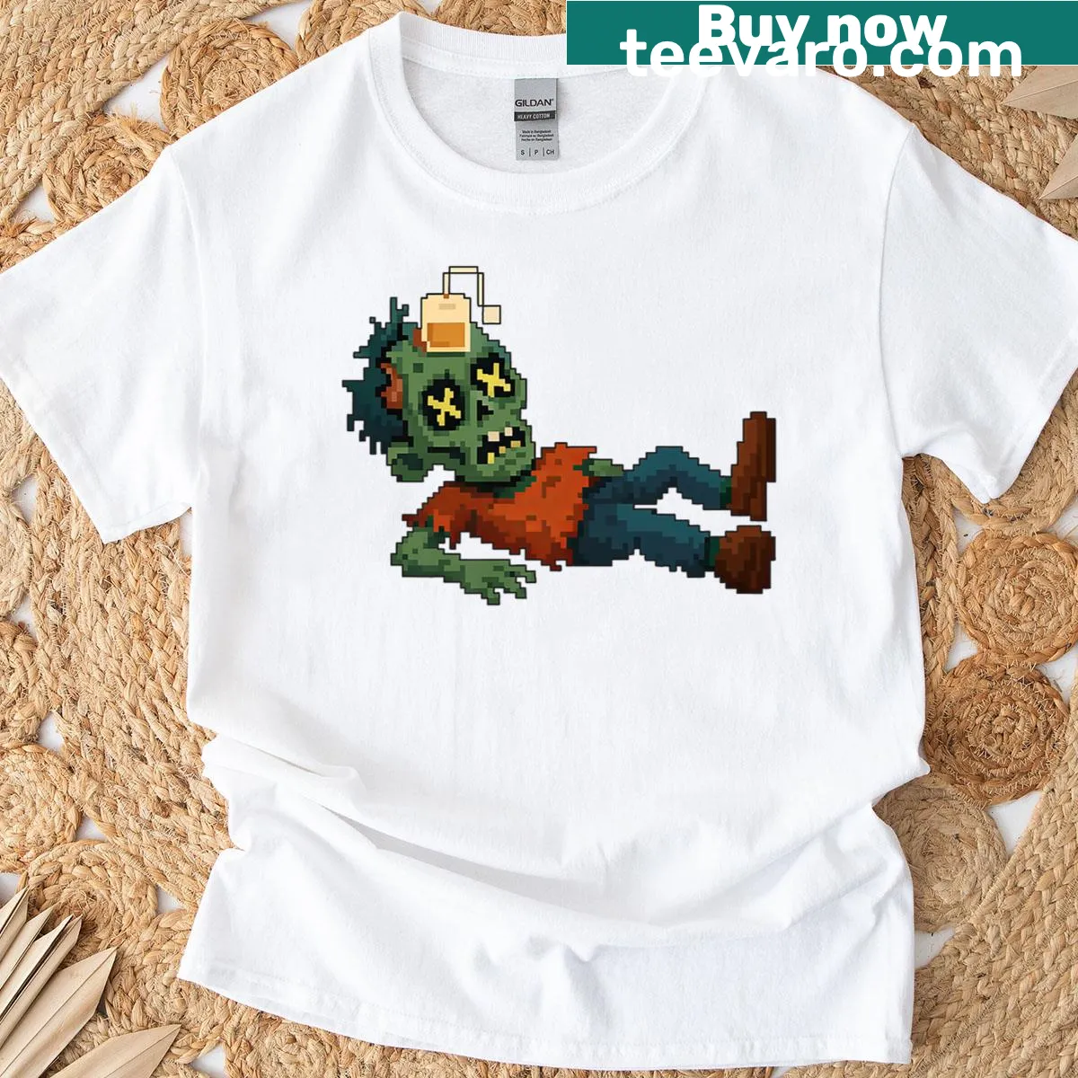 Pixelated zombie tea bagging NPC graphic on Halloween t-shirt — on a men's t-shirt