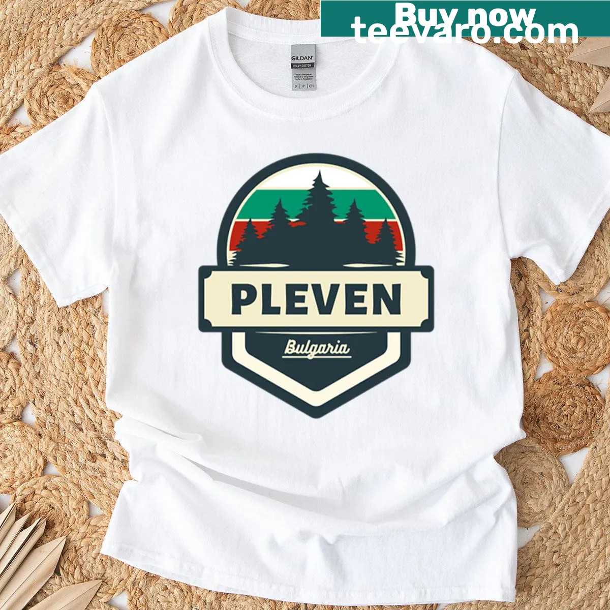 Retro badge design representing Pleven, Bulgaria — on a men's t-shirt