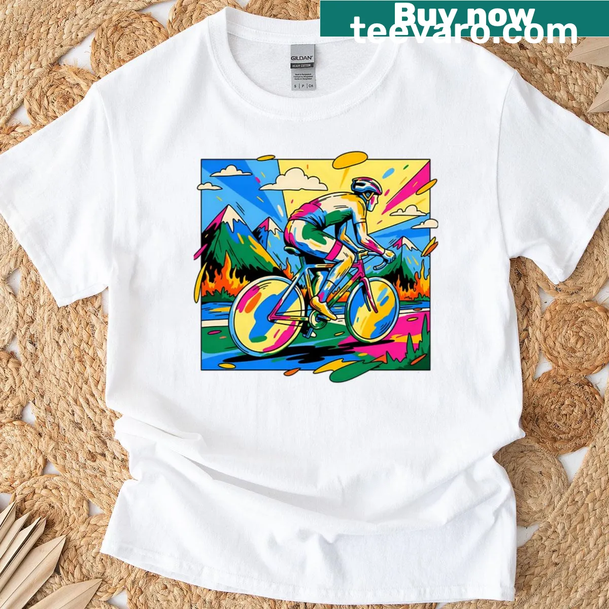 Dynamic pop art design of a cyclist in the mountains — on a men's t-shirt