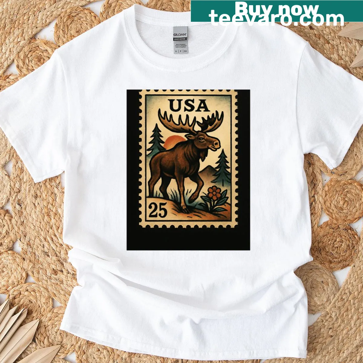 Retro tee featuring a postage stamp design with a moose and hiking theme — on a men's t-shirt