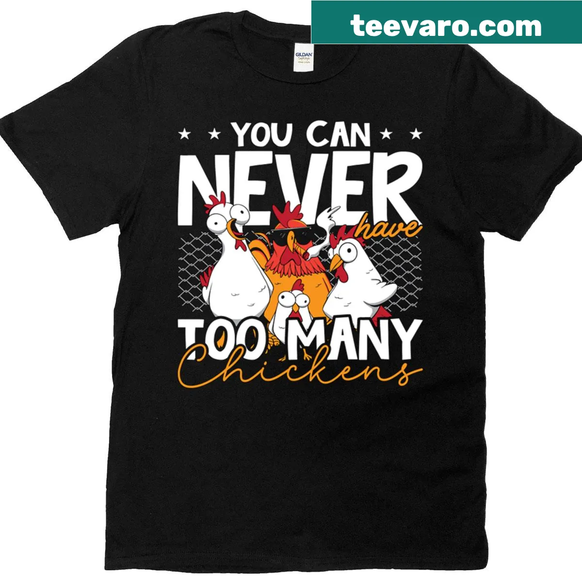 Poultry Farmer T-shirt with You Can Never Have Too Many Chickens phrase — on a men's t-shirt