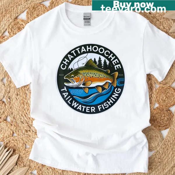 Illustration of a jumping trout on a casual t-shirt