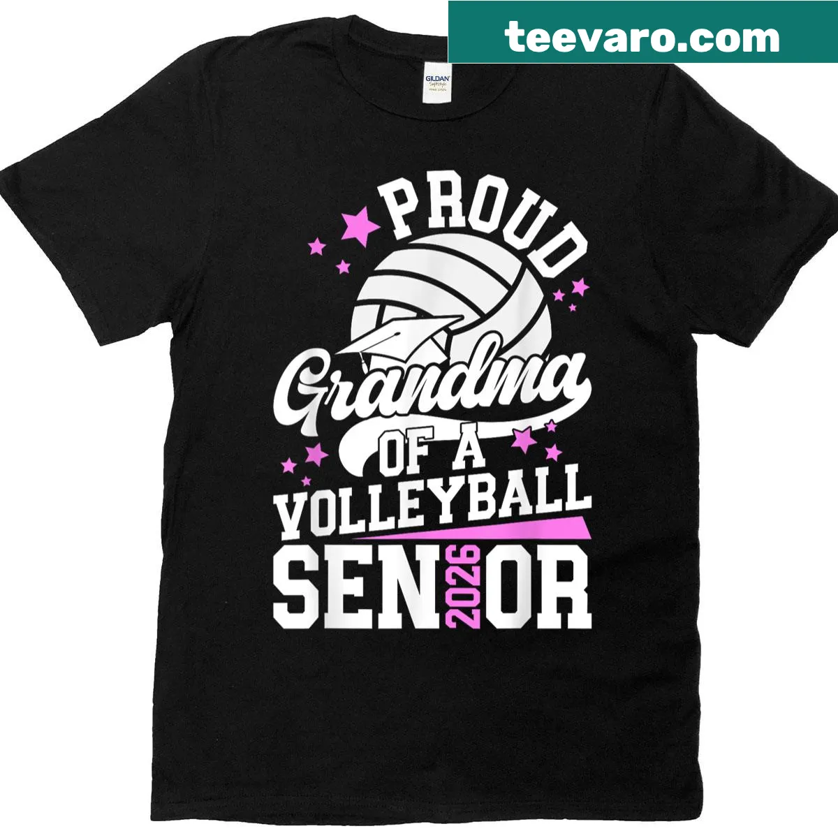 Proud Grandma t-shirt with volleyball and graduation theme — on a men's t-shirt