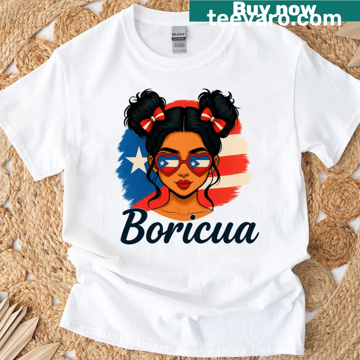 Illustration of a girl with a messy bun on a Puerto Rican heritage T-shirt — on a men's t-shirt