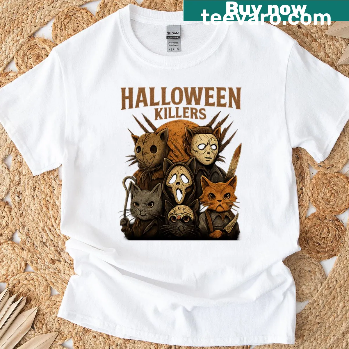 Halloween T-shirt featuring mischievous cats in slasher-themed design — on a men's t-shirt
