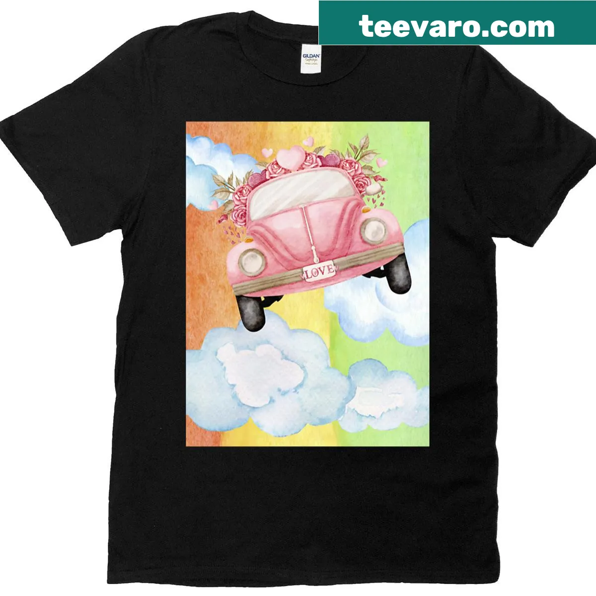 Playful pink Cadillac graphic with rainbows on T-shirt — on a men's t-shirt