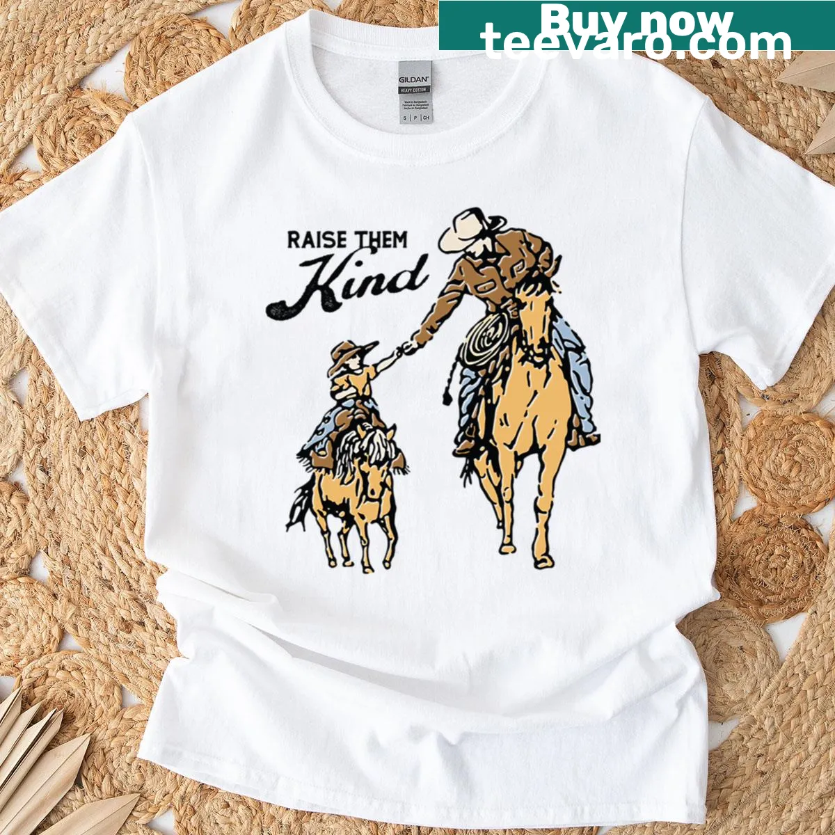 Wholesome cowboy-themed Raise Them Kind T-shirt — on a men's t-shirt