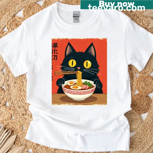 Cute T-shirt with a cat eating ramen in Tokyo