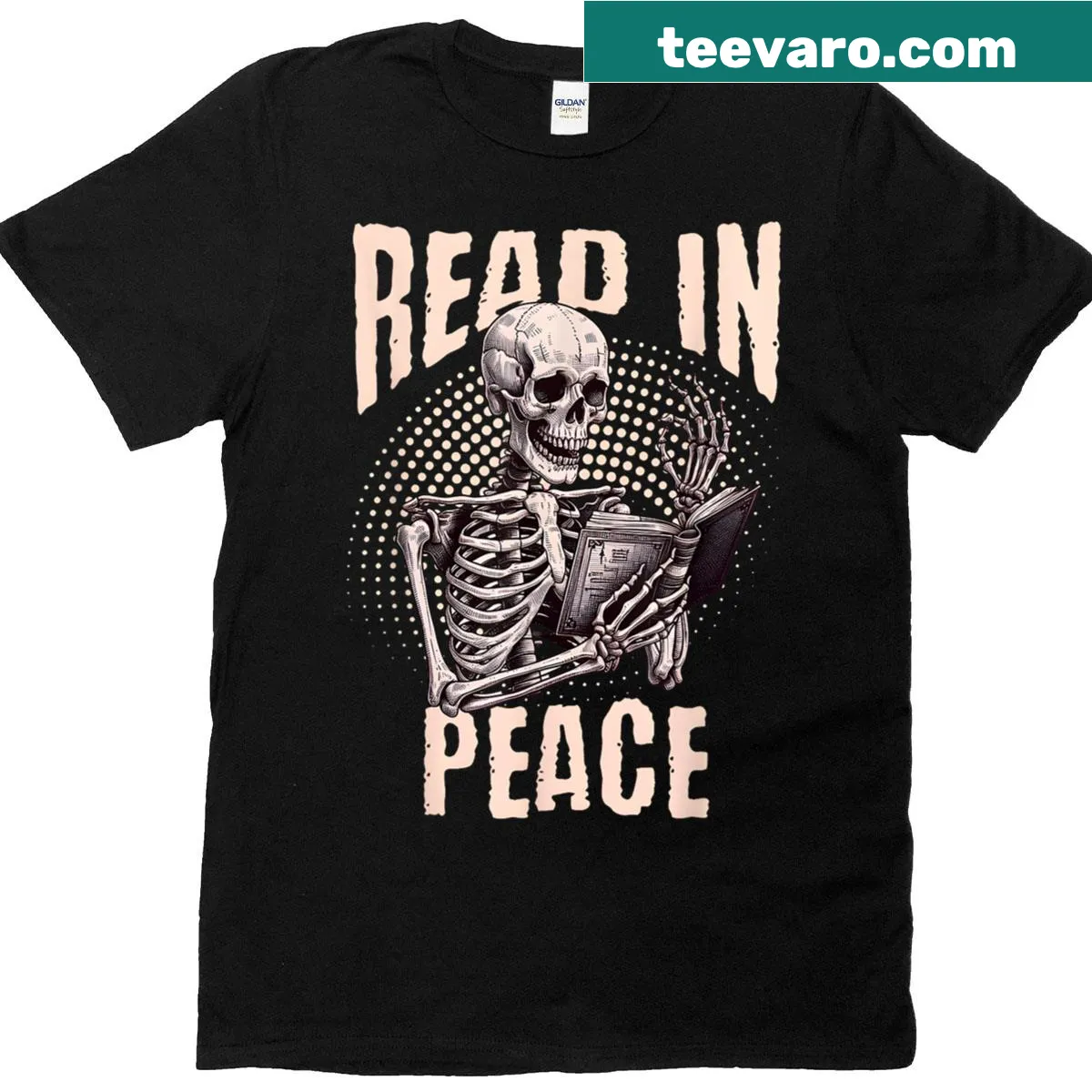 Halloween t-shirt with a skeleton and books for young readers — on a men's t-shirt