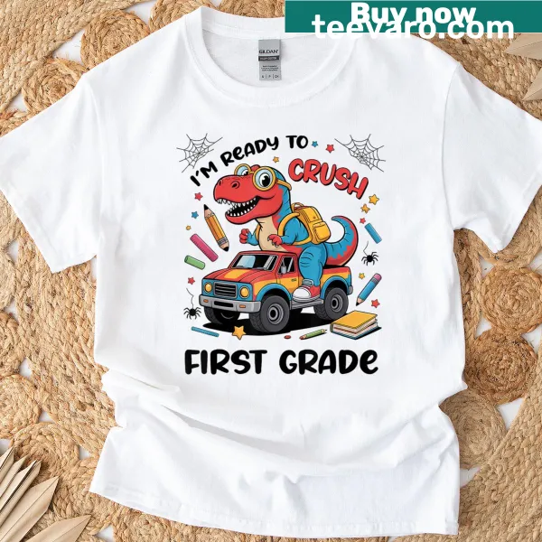 Dinosaur driving a monster truck graphic on kids' t-shirt