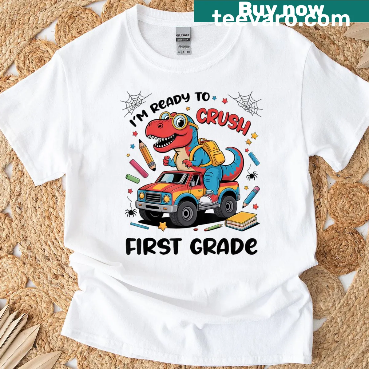 Dinosaur driving a monster truck graphic on kids' t-shirt — on a men's t-shirt