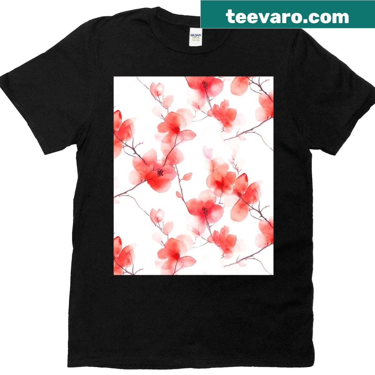 Illustrated red bougainvillea flowers graphic t-shirt — on a men's t-shirt