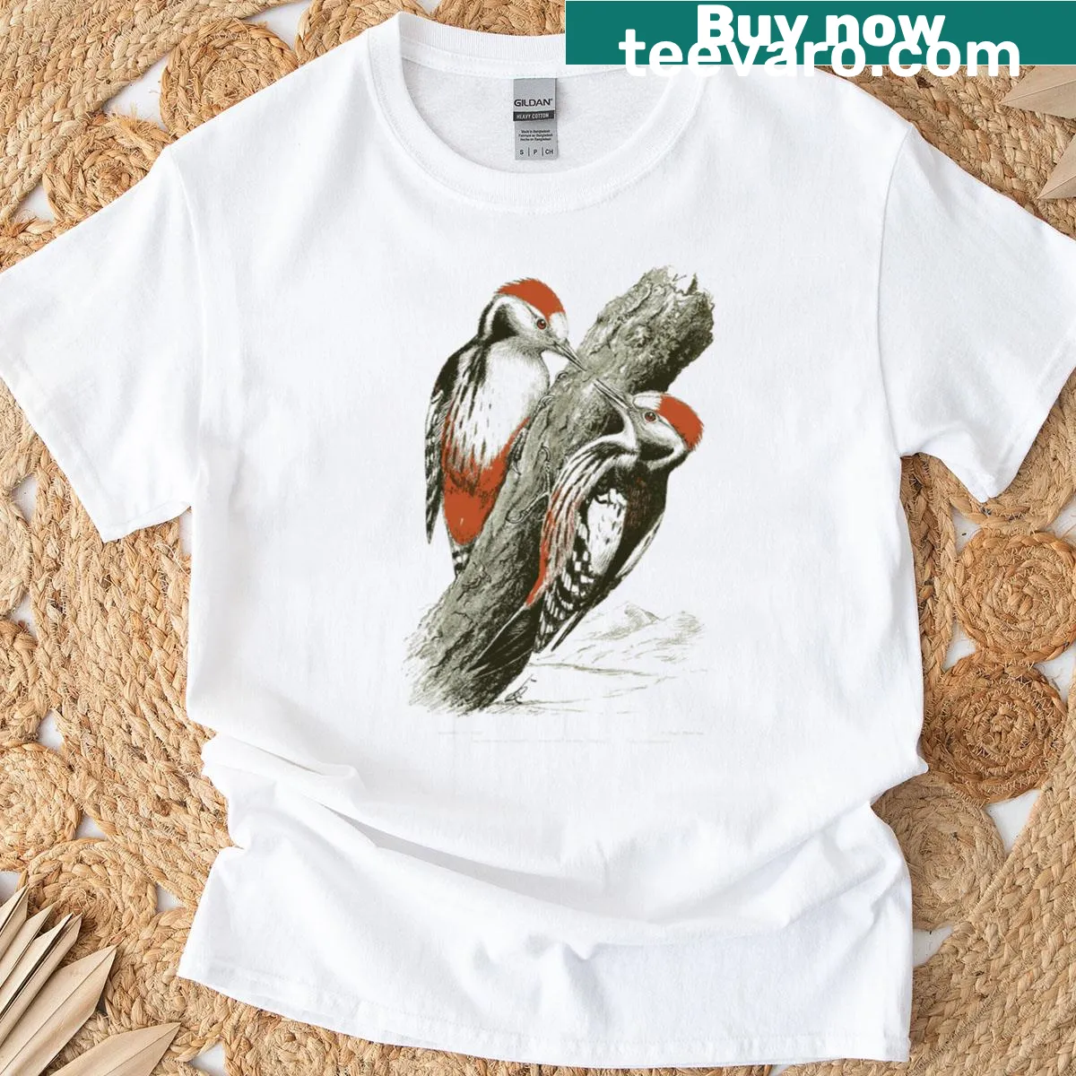 Illustrated T-shirt featuring a pair of red-crowned woodpeckers — on a men's t-shirt