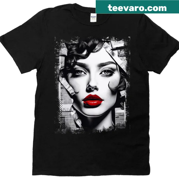 Stylish T-shirt showcasing a modern collage of red lips in an abstract design.