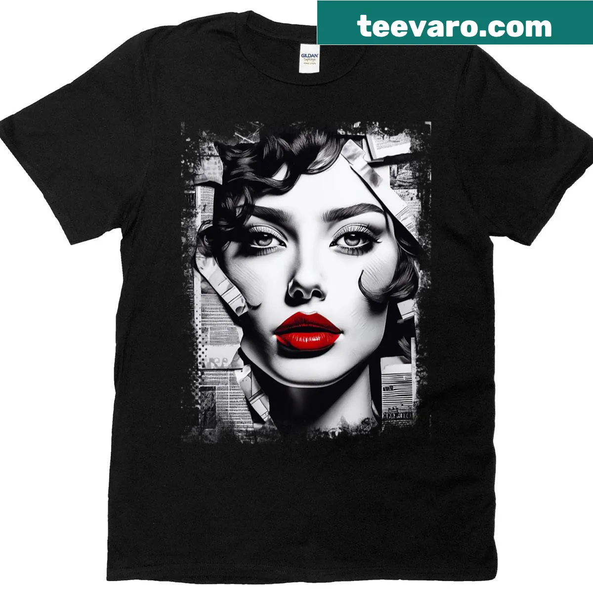 Stylish T-shirt showcasing a modern collage of red lips in an abstract design. — on a men's t-shirt
