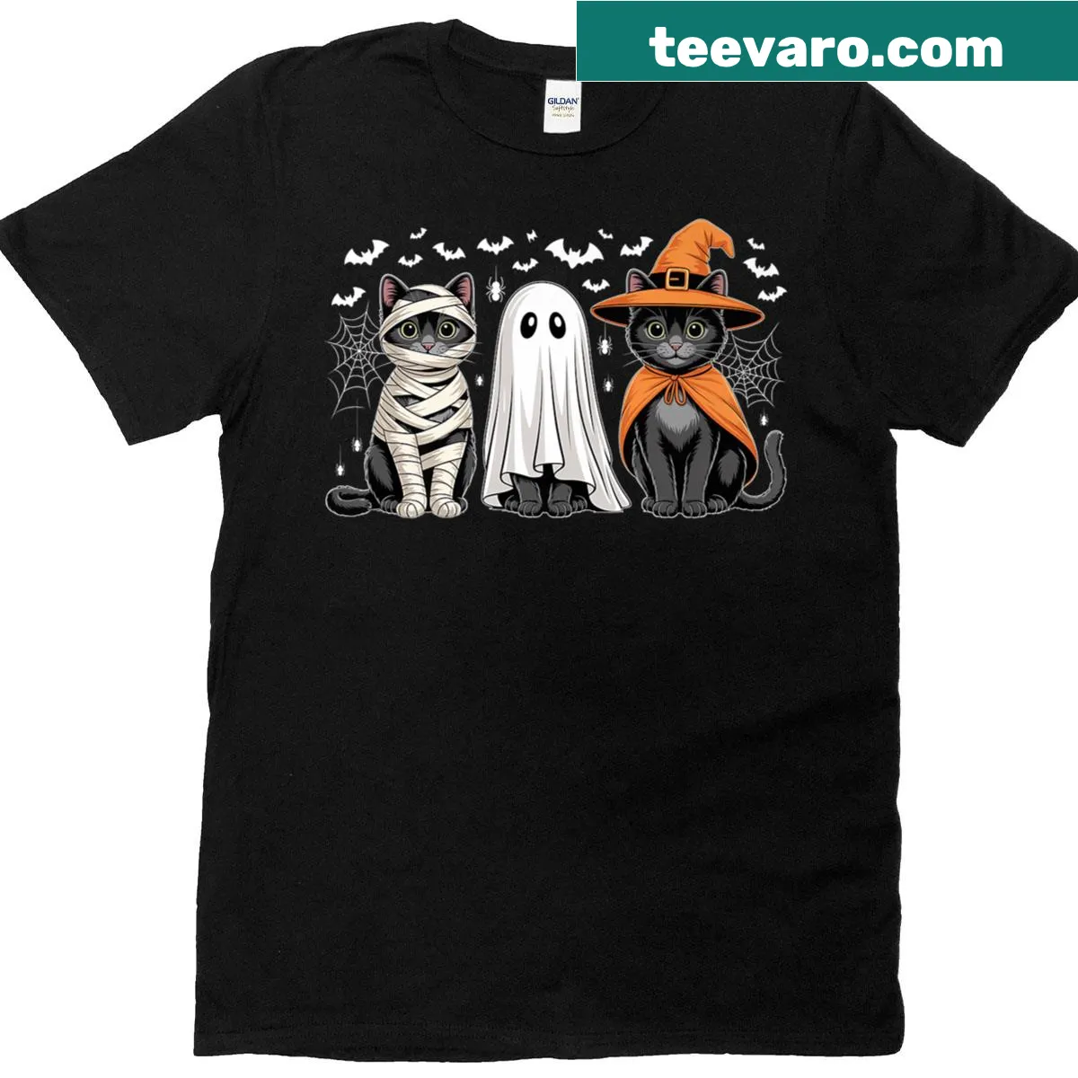 Funny cartoon black cat and pumpkin Halloween t-shirt — on a men's t-shirt