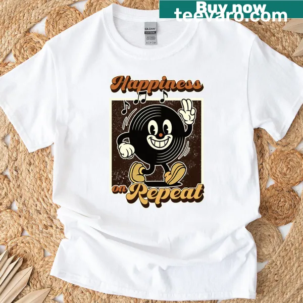 Cartoon vinyl record graphic with a happy face on a T-shirt.