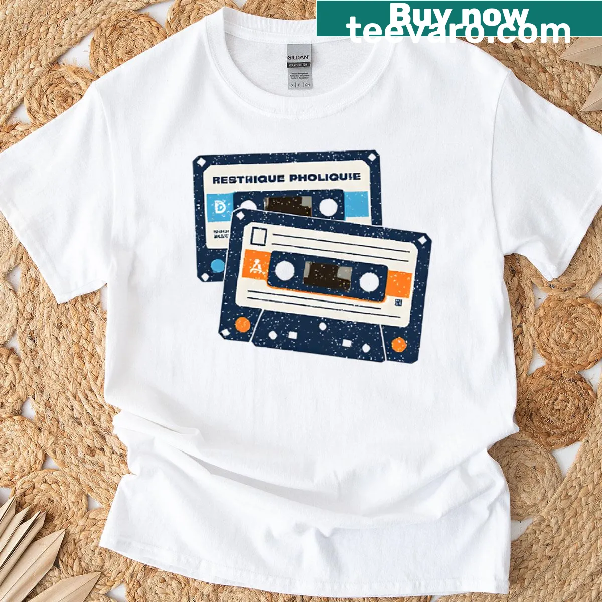 Vintage cassette tape graphic on retro t-shirt — on a men's t-shirt
