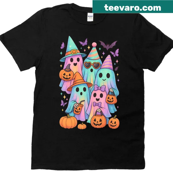 Vintage-style Halloween ghost and pumpkin graphic T-shirt