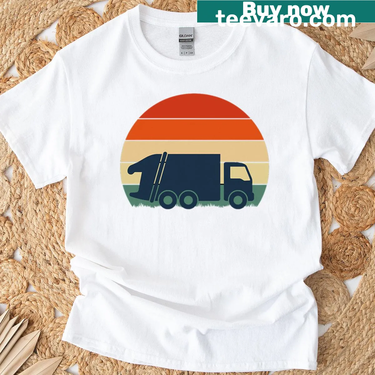 Vintage T-shirt featuring a sunset silhouette of a garbage truck — on a men's t-shirt