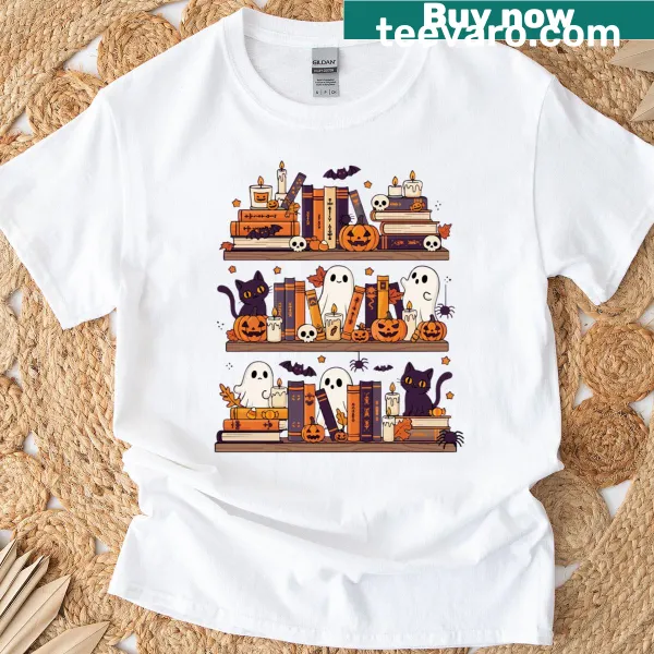 Retro ghosts reading books on Halloween T-shirt