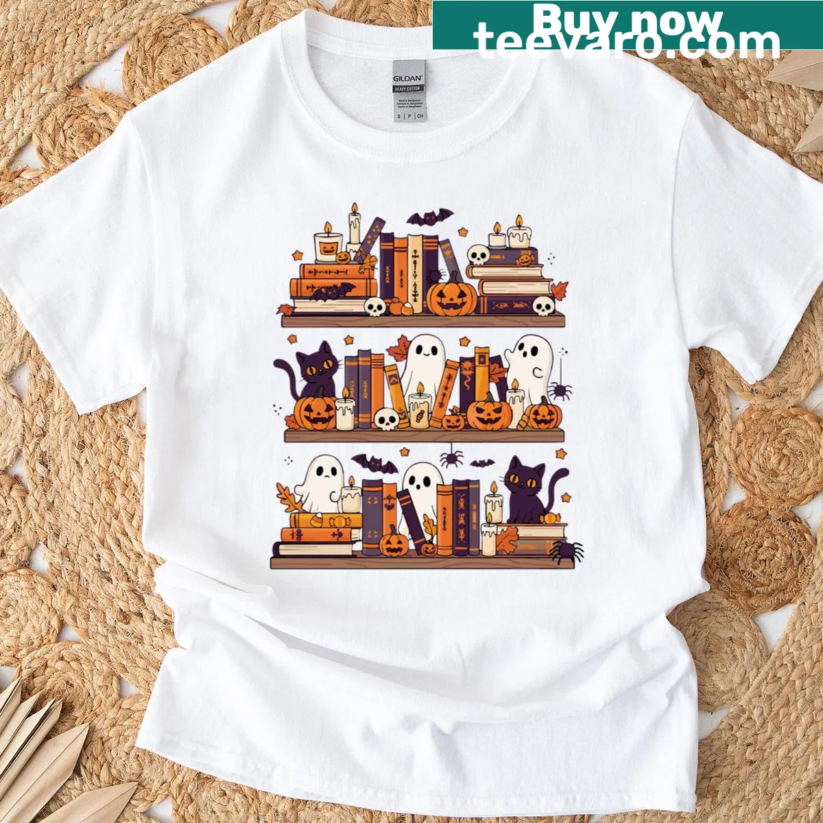 Retro ghosts reading books on Halloween T-shirt — on a men's t-shirt