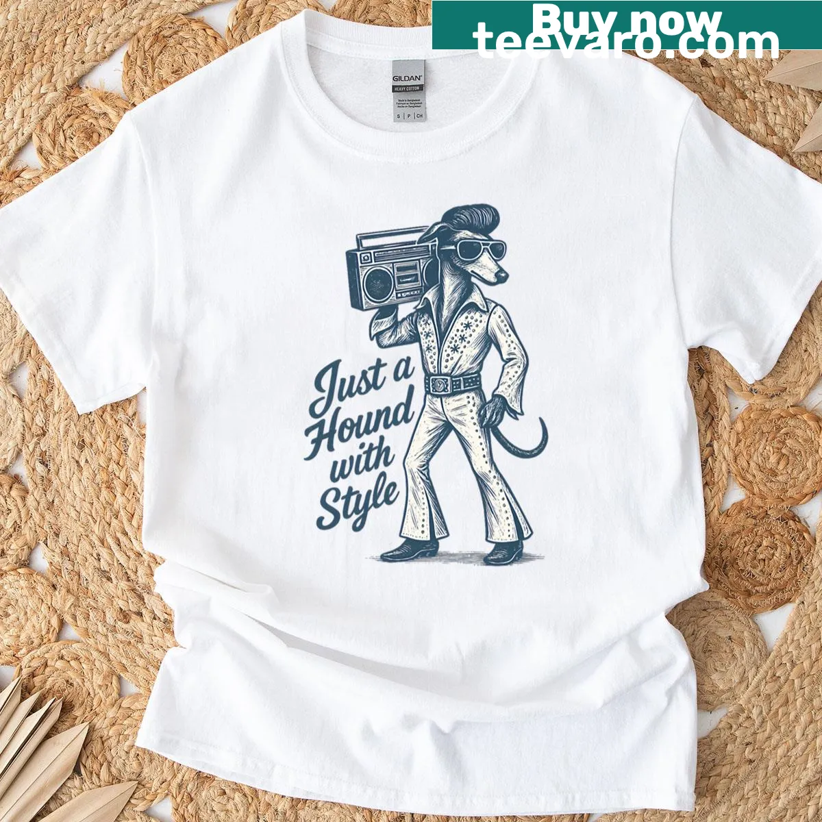 Illustration of a hound in Elvis suit with boombox on a t-shirt — on a men's t-shirt