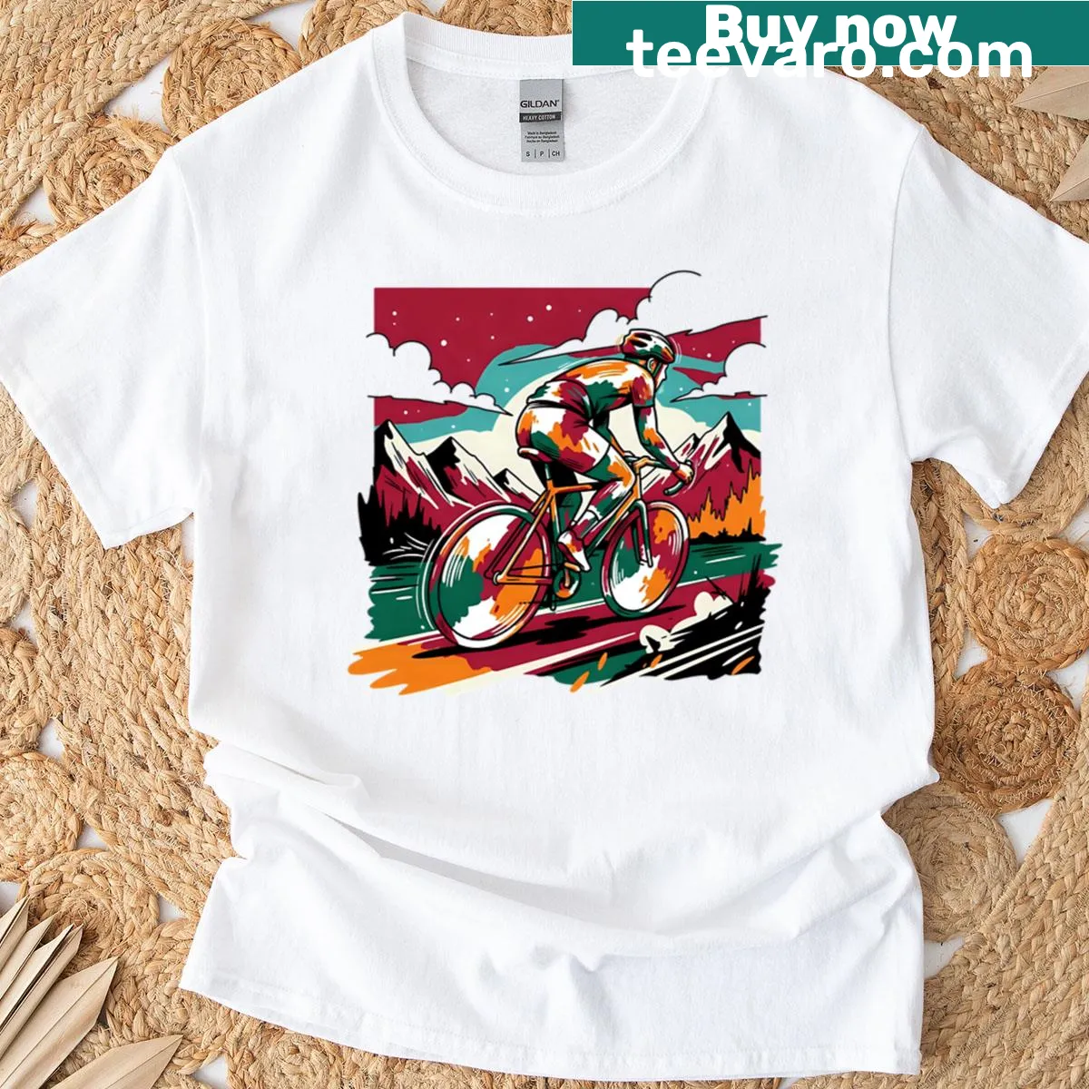 Retro mountain cyclist graphic on oversized T-shirt — on a men's t-shirt