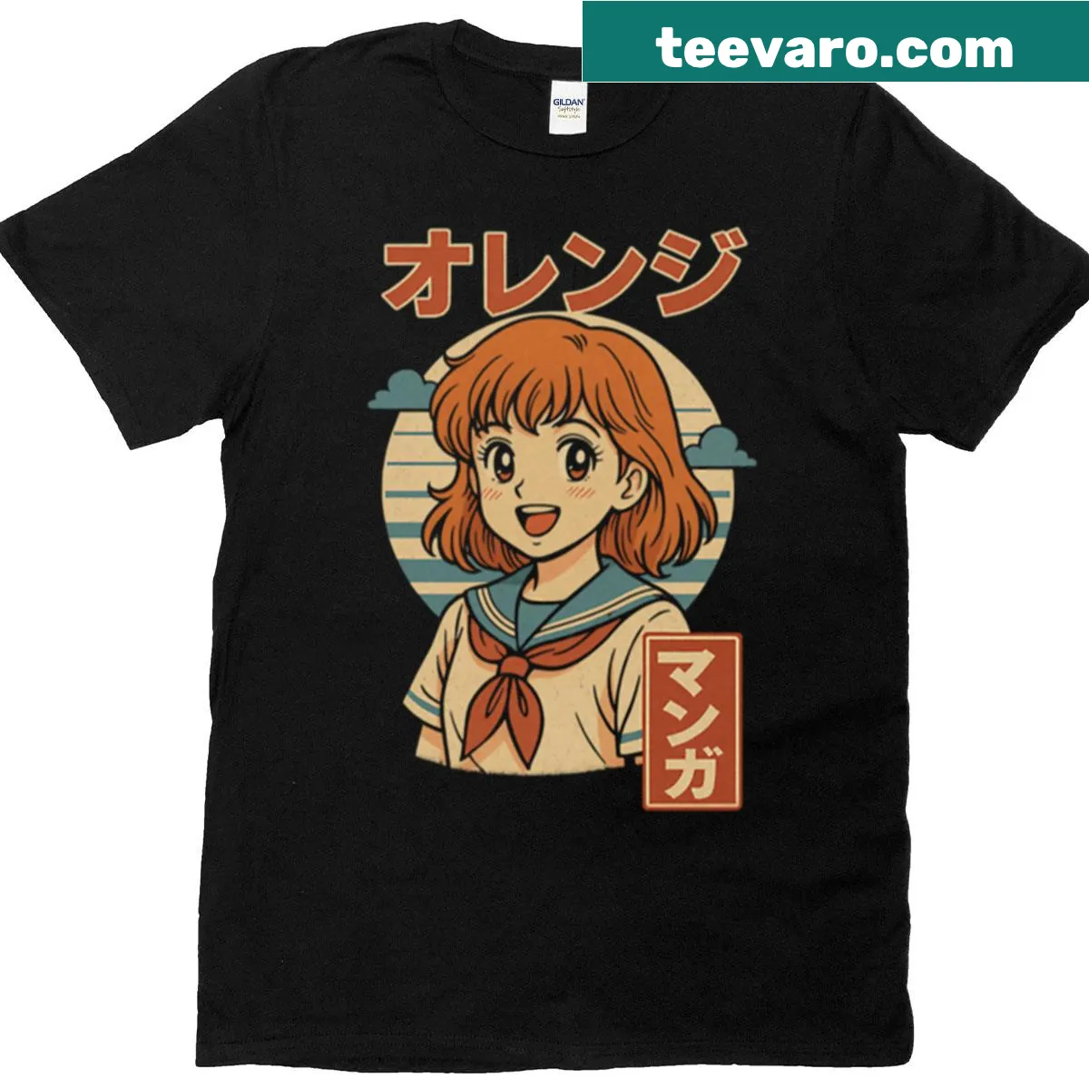 Vintage T-shirt with a retro orange manga girl design — on a men's t-shirt
