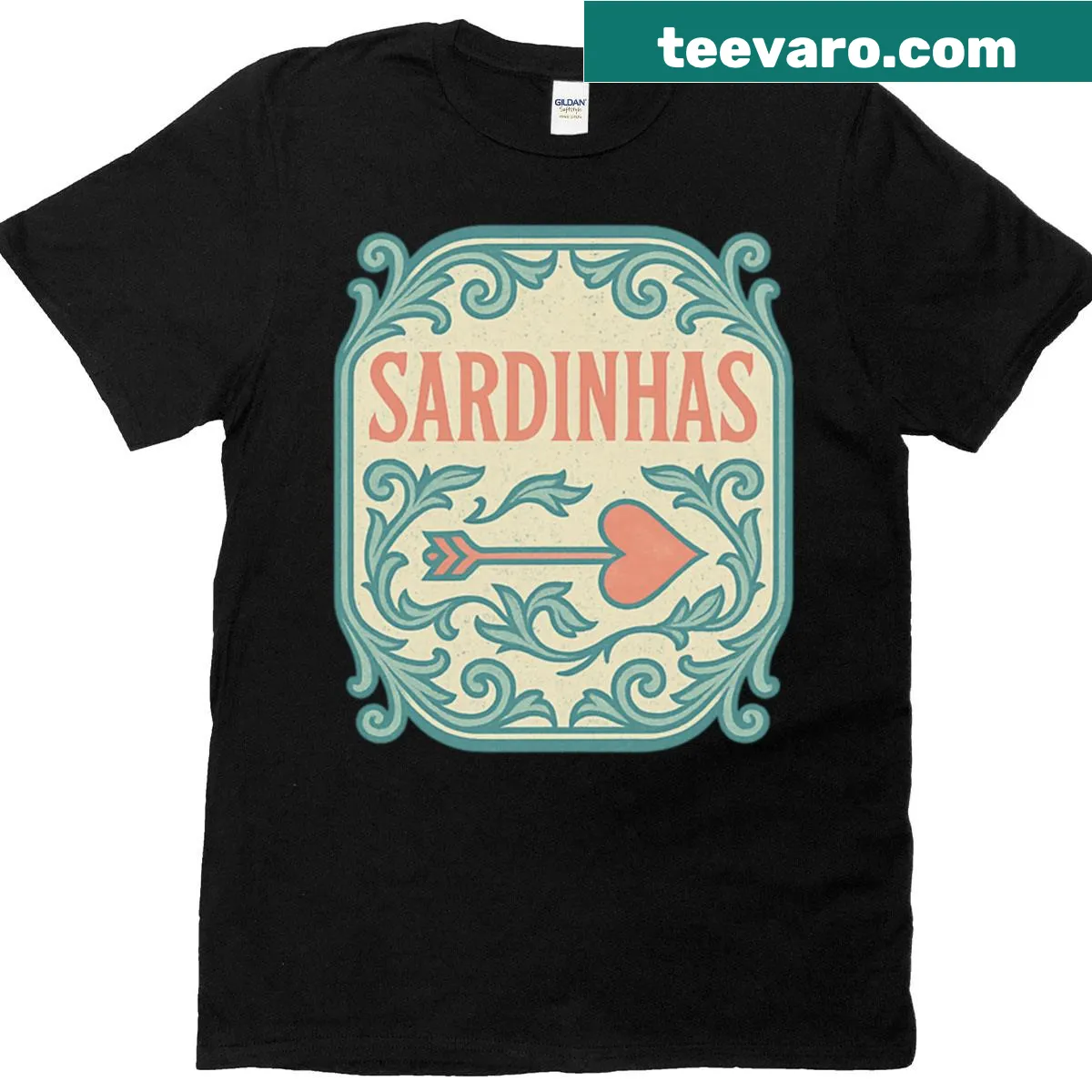 Oversized t-shirt with a vintage Portuguese sardine label design. — on a men's t-shirt