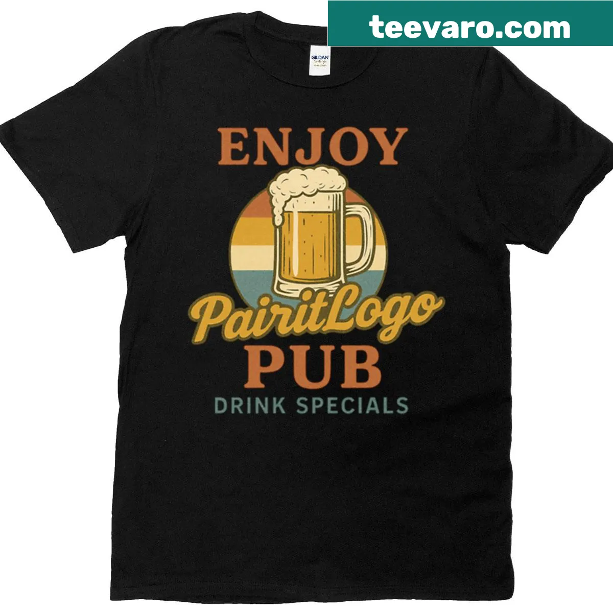 Oversized t-shirt with a vintage beer mug and drink specials design. — on a men's t-shirt