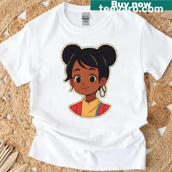 Oversized T-shirt with a bold illustration of a black anime girl with buns