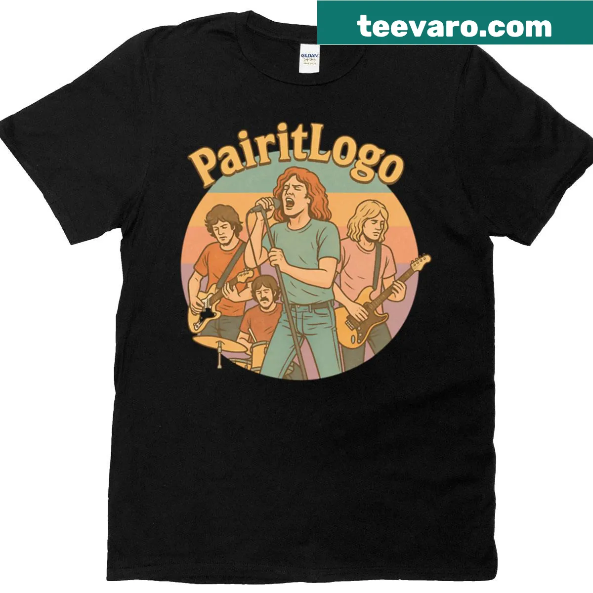 Retro rock band t-shirt with an illustrative graphic design — on a men's t-shirt