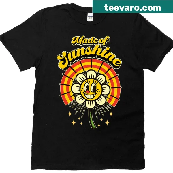 Illustrated smiling flower in sunshine on a retro style t-shirt
